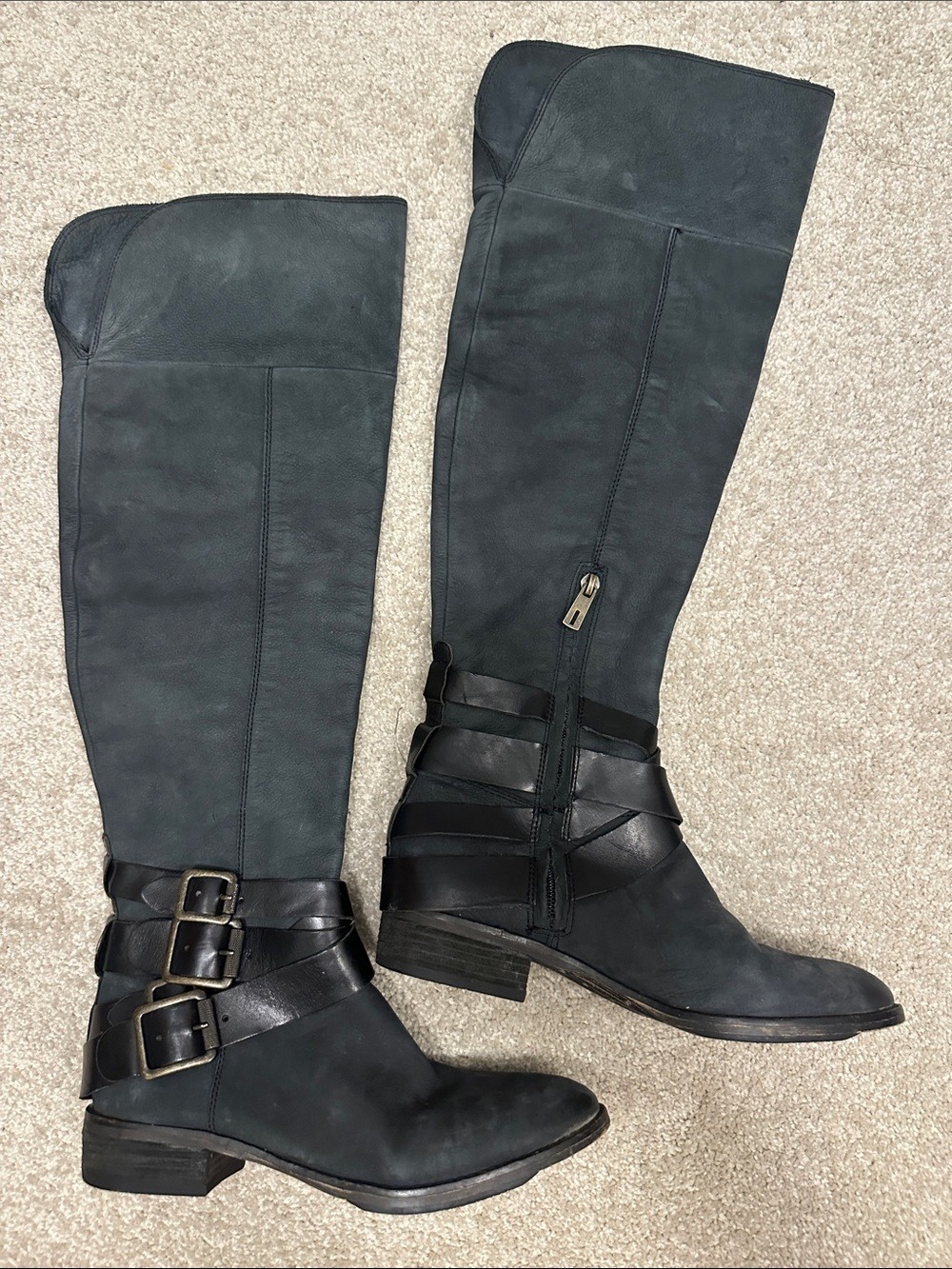 Sam Edelman Tall Blue-Grey Leather Over-the-Knee Buckle Almond Toe Boots